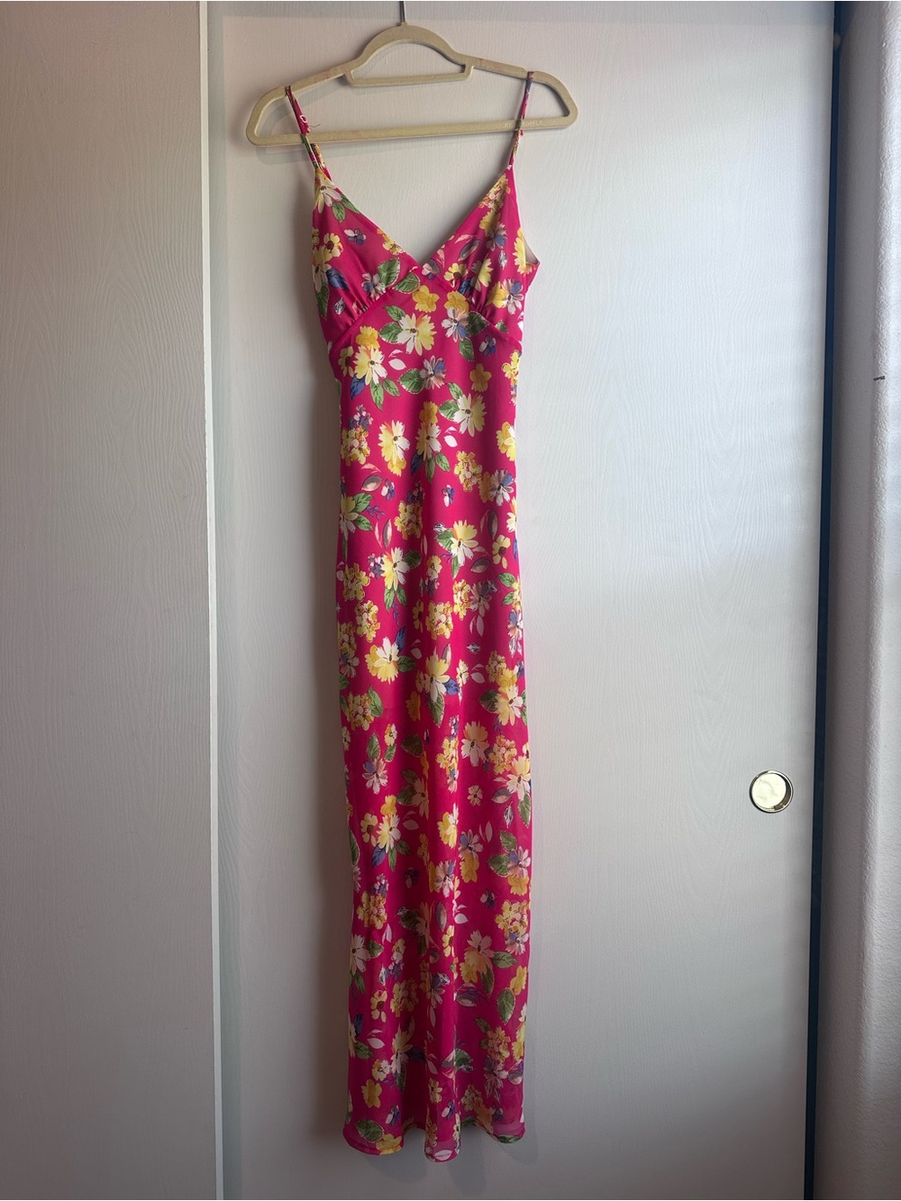 Pink Floral Midi Slip Dress with Spaghetti Straps